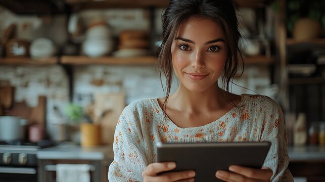 Woman smiles, holding tablet in cozy kitchen