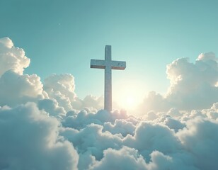 Cross silhouette above cloudscape with soft light. Symbol of faith, hope, spirituality. Religious Christian concept with peaceful sky, serene, calm atmosphere. Beautiful pastel color palette.