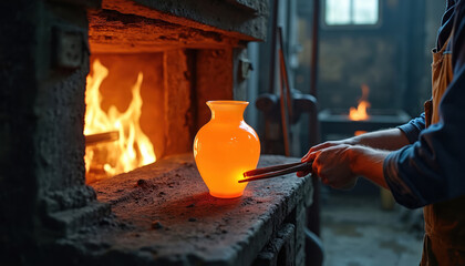 Glass artist shapes glowing orange vase using pontil at fiery furnace inside traditional glassblowing studio. Man creates glass decor with tools. Craftsmanship, handmade item, art. Transparent,