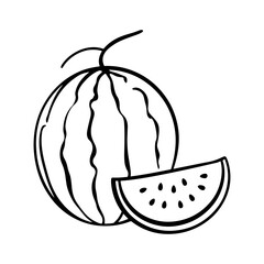 Illustration of a whole watermelon with stripes and a slice showing seeds in black and white outline