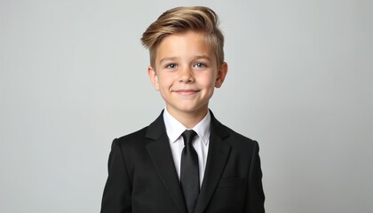 Young boy in suit, tie portrait. Smiling child looks confident, ready for school, business, special occasion, events. Stylish, dressed formally at graduation. Little businessman.