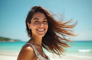 Portrait of beautiful latin woman at the beach enjoying the wind. She is smiling happily. Long hair is blowing in wind. Clear sky, turquoise sea at the background. Concept of freedom travel holidays.
