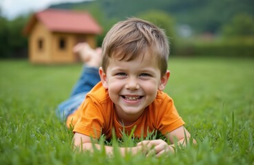 Happy child lying on green grass. Cute boy smiles in summer park. Happy childhood. Fun outside. Happy boy in sunny day. Beautiful nature, green trees and wooden house in background.