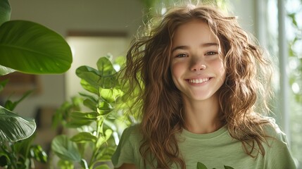Fototapeta premium Joyful young girl surrounded by lush green plants in a bright indoor setting capturing natural beauty and happiness