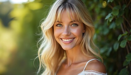 Naklejka premium Young blond woman radiates joy outdoors in summer setting. Portrait natural beauty. Smiling face, vibrant hair, green eyes. Soft lighting enhances feminine style. Casual fashion, healthy glowing