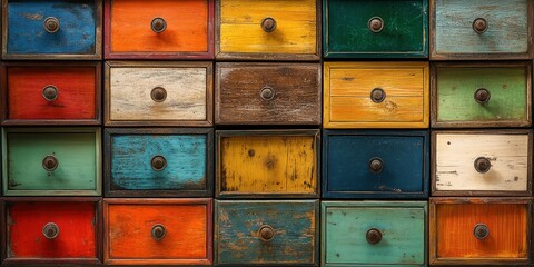 Colorful vintage wooden drawers with distressed paint