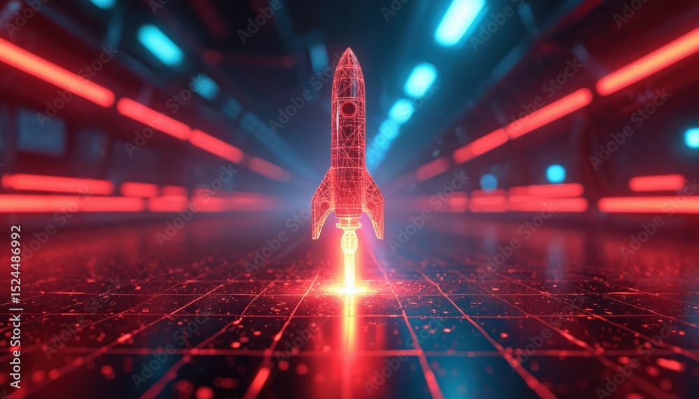 Poster Futuristic red rocket model in dynamic environment. High-tech sci-fi concept in cyberspace. Digital 3d rendering, modern innovation in space travel, technology, startup launch concept.