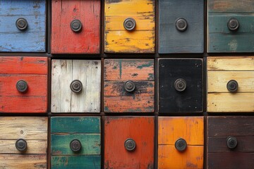 Multicolored distressed wooden drawers with metal knobs