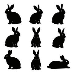 Fototapeta premium Nine rabbit silhouettes collection isolated on transparent background