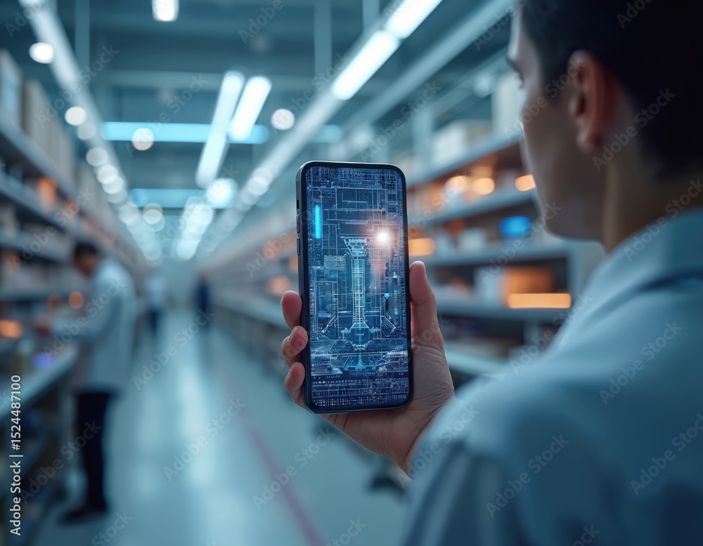 Poster Man holds smartphone with chip design in modern factory. Futuristic tech, innovation, high-tech production, automation. Electronic circuit on screen. Semiconductor, microchip industry concept.