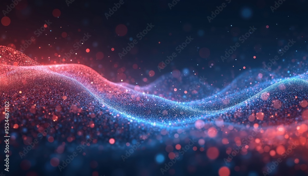 Poster abstract background with light blue and red particles waves. shining dots, stars, digital futuristic