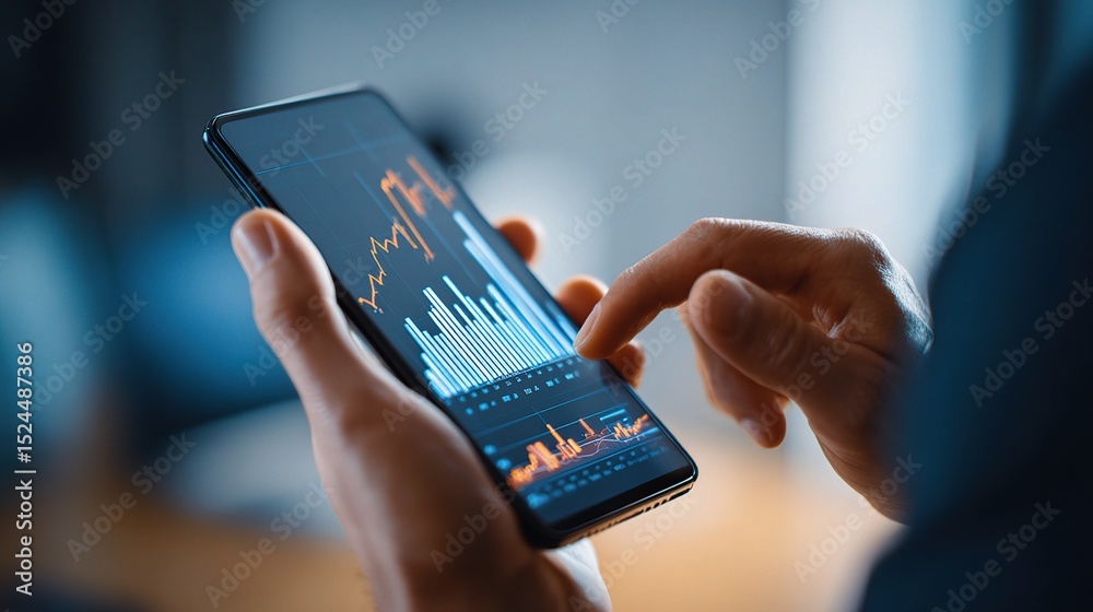 Poster mobile statistician verifying data on smartphone with graph display