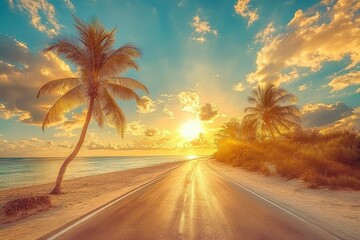 Scenic coastal road at sunset with palm trees