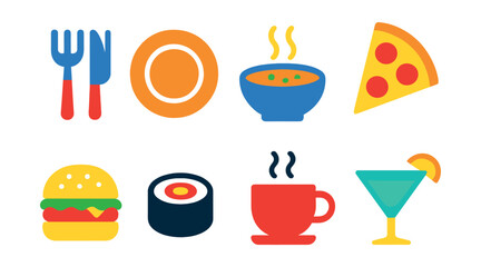 Flat vector icons of food and dining: fork and knife, plate, bowl of soup, pizza slice, burger, sushi roll, coffee cup, cocktail glass.