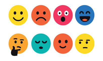 Flat vector icons of expressive faces: smiling face, frowning face, surprised face, laughing face, thoughtful face, sleepy face, blushing face, skeptical face.