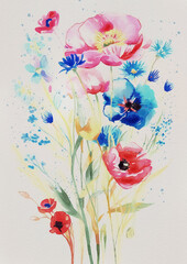 Vibrant watercolor wildflowers bloom in a fresh summer garden with splashes of pink and blue paint