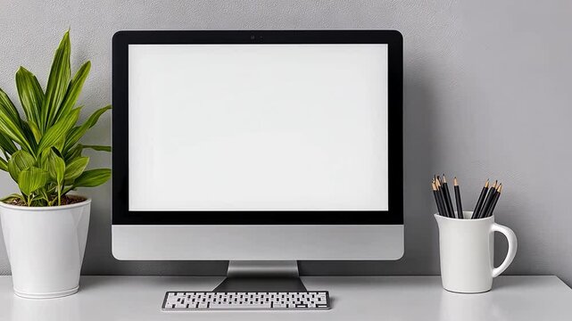Modern Workspace Setup with Blank Computer Screen, Decorative Plant, and Office Supplies on Table