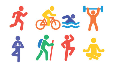 Flat vector icons of fitness activities: running, cycling, swimming, weightlifting, yoga, hiking, aerobics, meditation.