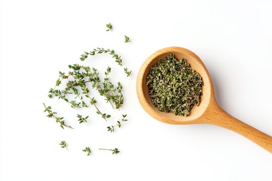 Fresh and dried thyme isolated on white background with wooden spoon, top view