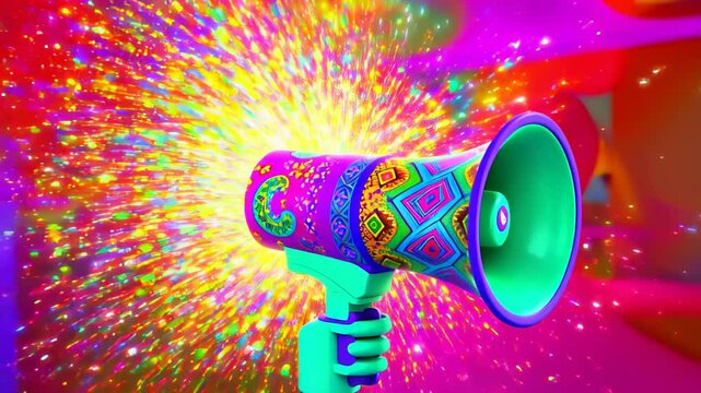 A brightly colored megaphone with vibrant ethnic patterns, emitting an explosion of colorful fireworks and sparks against a lively abstract background. Concept of celebration and announcement