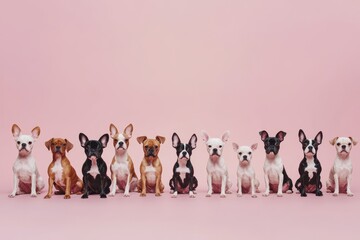 Fototapeta premium Adorable french bulldogs sitting against pink backdrop