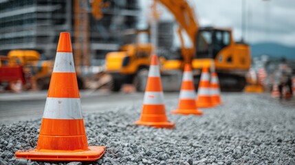 Workers are busy at a construction site where heavy machinery operates among orange traffic cones along a gravel surface on a city road during the day