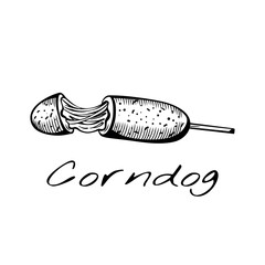 Vector drawing of cheesy corndog with gooey melted cheese pull. Vintage hand-drawn style in black and white. Ideal for street food and snack design projects.