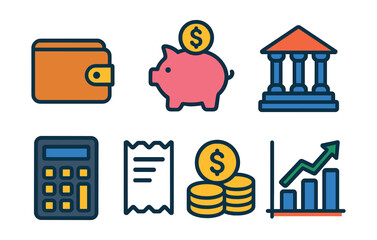 Flat vector icons of personal finance: wallet, credit card, piggy bank, bank building, calculator, receipt, coins, investment chart.