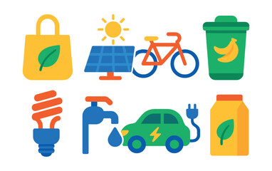 Flat vector icons of eco-friendly lifestyle: reusable bag, solar panel, bicycle, compost bin, energy-saving bulb, water-saving faucet, electric car, plant-based packaging.
