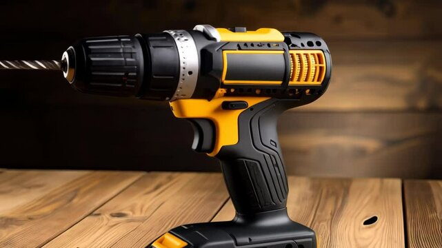 Cordless power drill and screws on wooden surface in close-up highlighting home improvement and DIY tool, workshop scene with focus and sharpness.