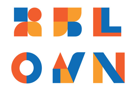 Flat vector icons of typographic geometry: letterforms in shape blocks, modular type parts, grid-aligned letters, geometric fonts, circle-based glyphs, vertical alignments, typecut shapes, angled