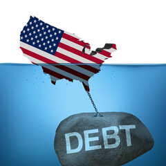 United States Debt and US spending Crisis Financial pressure and the emotional stress of money worries and business slowdown as an American economic concept caused by heavy debts and sinking markets.