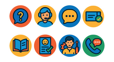 Flat vector icons of internet support tools in circular style: FAQ icon, help desk, live chat, support ticket, knowledge base, feedback form, troubleshooting, contact support.