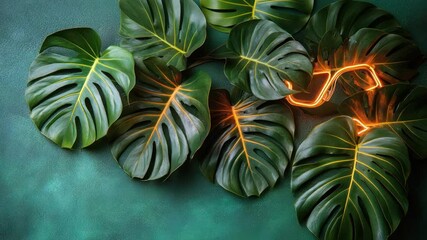 Tropical green leaves arranged on a teal textured surface, accented by an orange neon light design - Powered by Adobe