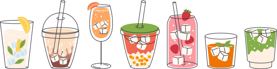 Summer refreshing drinks, iced beverages, cocktails in glasses, hand drawn vector set