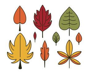 Fototapeta premium Set of Autumn Leaves. Yellow, red Foliage of different trees - oak, maple, birch. Fall Nature, plant element. Symmetrical botany Collection. Bundle of isolated icons. Flat style. Vector illustration