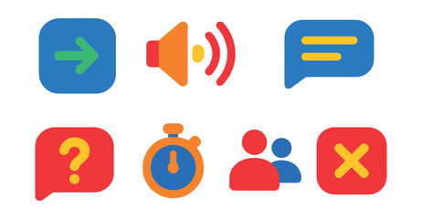 Flat vector icons of webinar features: join session, speaker icon, slide share, chat panel, question submission, webinar timer, attendee count, exit button.