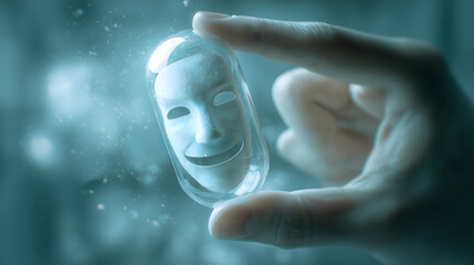 Obraz premium A digital figure sits inside a transparent data cube, head tilted upward toward a cloud of code, evoking introspection, digital confinement, and cloud-connected thought.