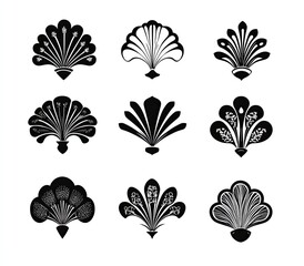 Nine elegant, stylized floral and fan-like designs in black and white