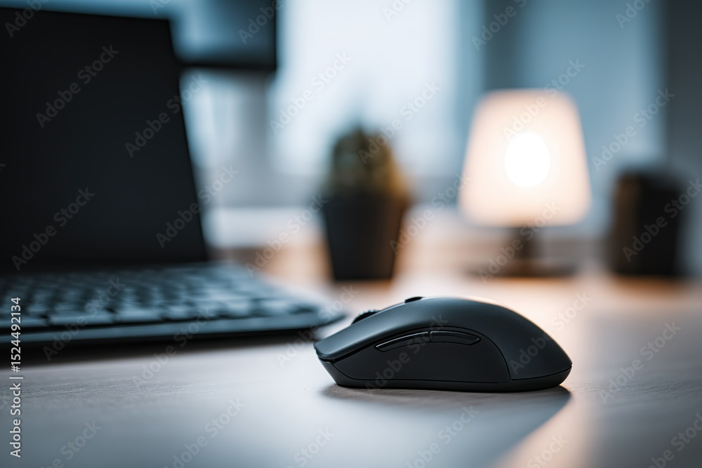 Poster modern workspace featuring a computer mouse and keyboard with soft lighting and a plant in the backg