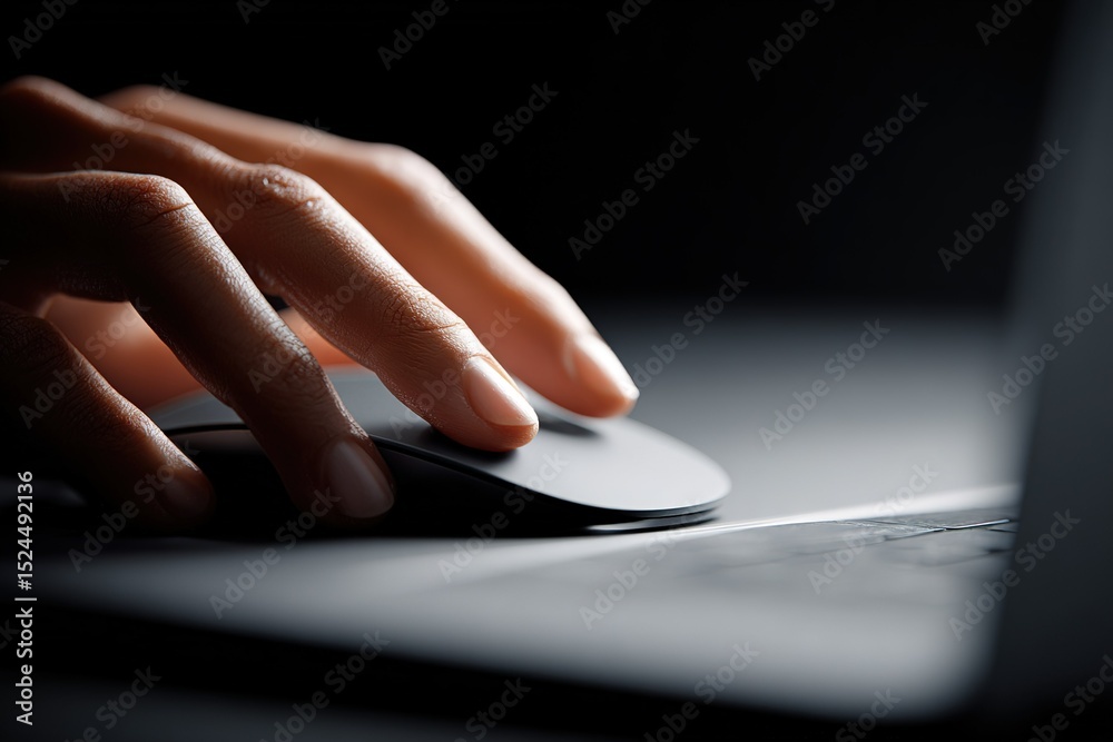 Poster hand using a sleek black computer mouse while working in a low-light environment with a laptop
