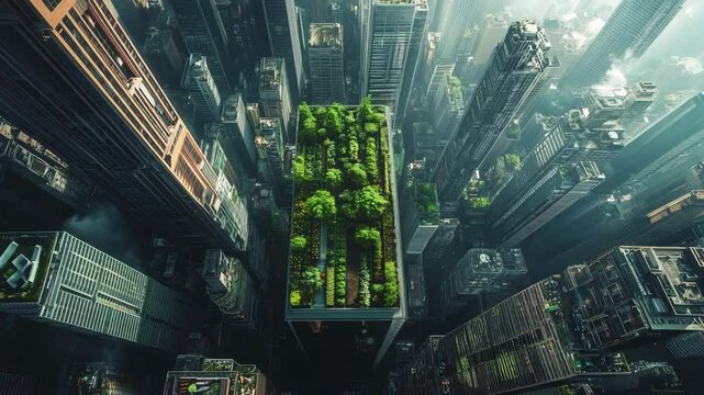 A futuristic bird's-eye view of a city with lush green rooftop gardens atop skyscrapers, showcasing sustainable architecture and harmonious integration of nature within a dense urban environment.