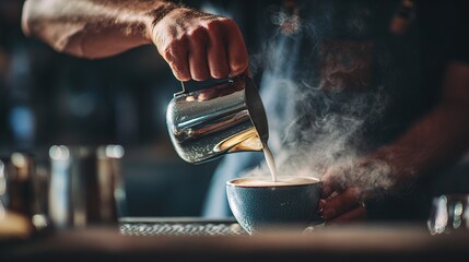 Skilled Barista Steaming Milk for Coffee Cup in Cozy Cafe