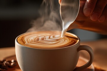 Skilled barista creates intricate latte art in warm coffee mug on wooden table