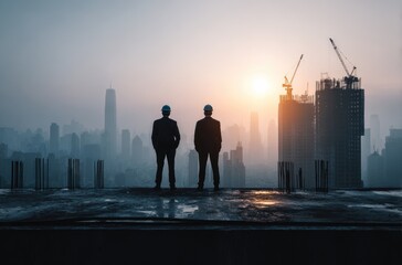 Fototapeta premium Progress vision rise: Businessman stands before cityscape under construction, investment growth, capital flow, enterprise launch, urban shift, economic goal, venture push, market advance, success path