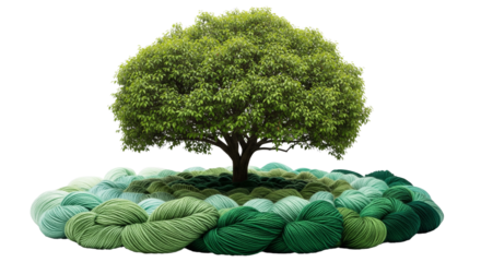 Green Tree Growing from a Circle of Green Yarn Skeins, Concept of Sustainable Natural Fibers and Eco-Friendly Crafting