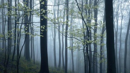 Obraz premium Ethereal beauty: Spring's first light filters through the misty forest canopy