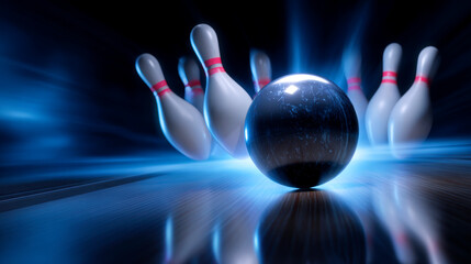 Close-up of a bowling ball hitting pins scoring a strike, bottom view and action shot. Ten pin bowling game