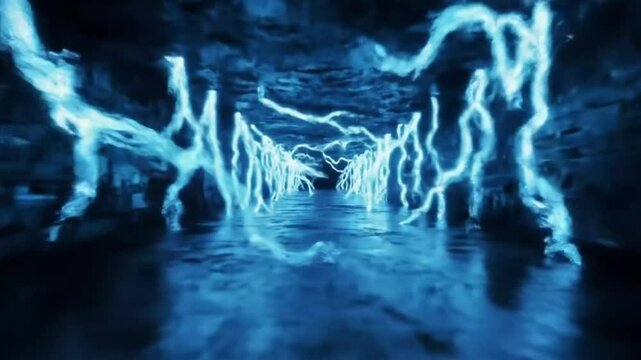 Seamless looping lightning tunnel corridor.  Generative AI.