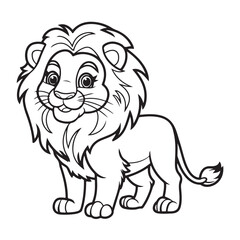 Obraz premium Cute Cartoon Lion Silhouette Line Drawing – Black and White Safari Animal Illustration for Coloring Pages or Kids Design